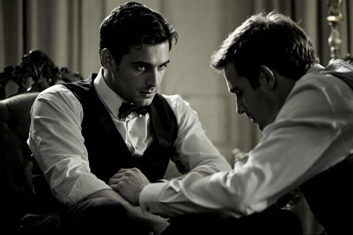 Deux hommes en tenue de soirée, regard intense, tension palpable