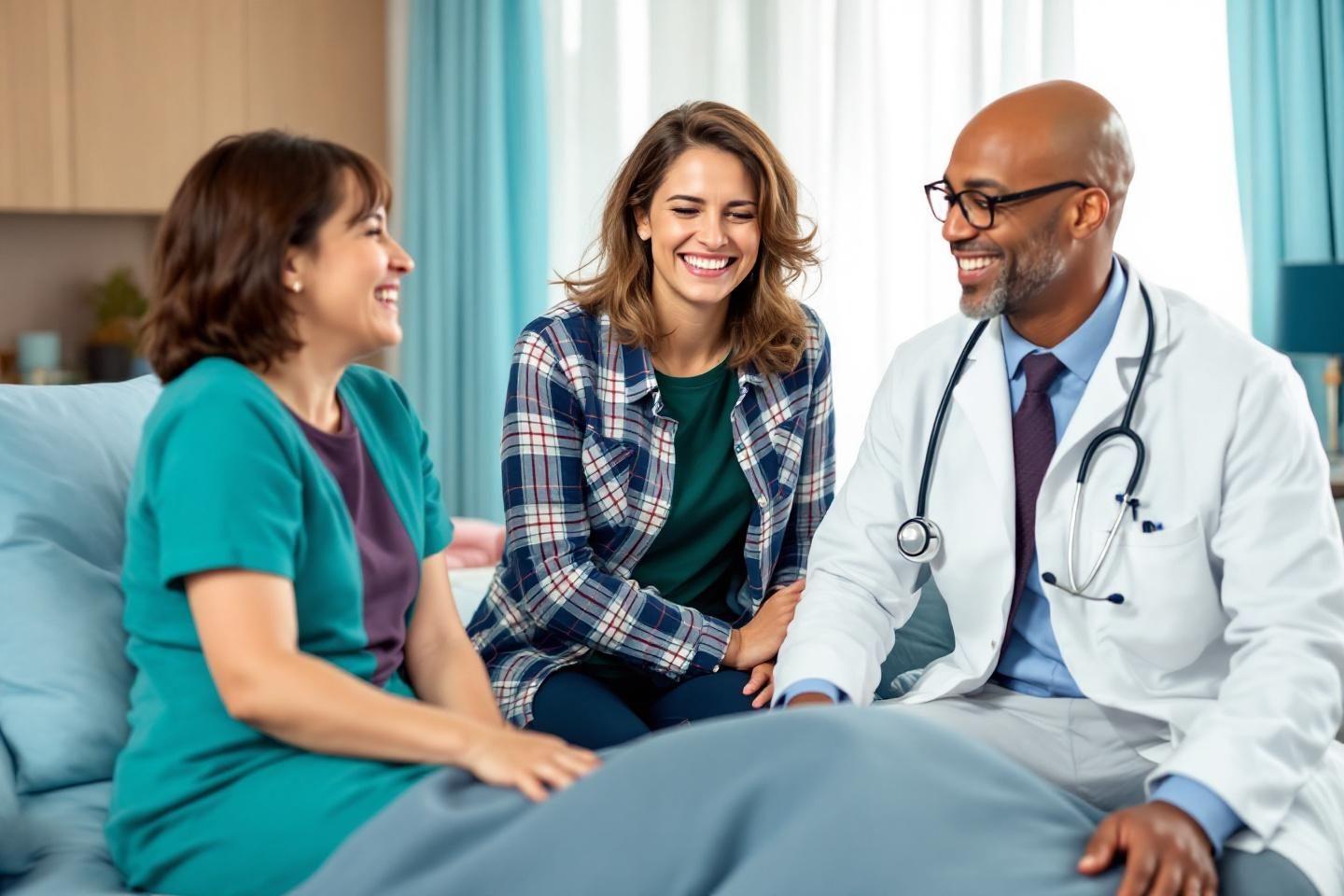 Trois personnes souriantes lors d'un rendez-vous médical