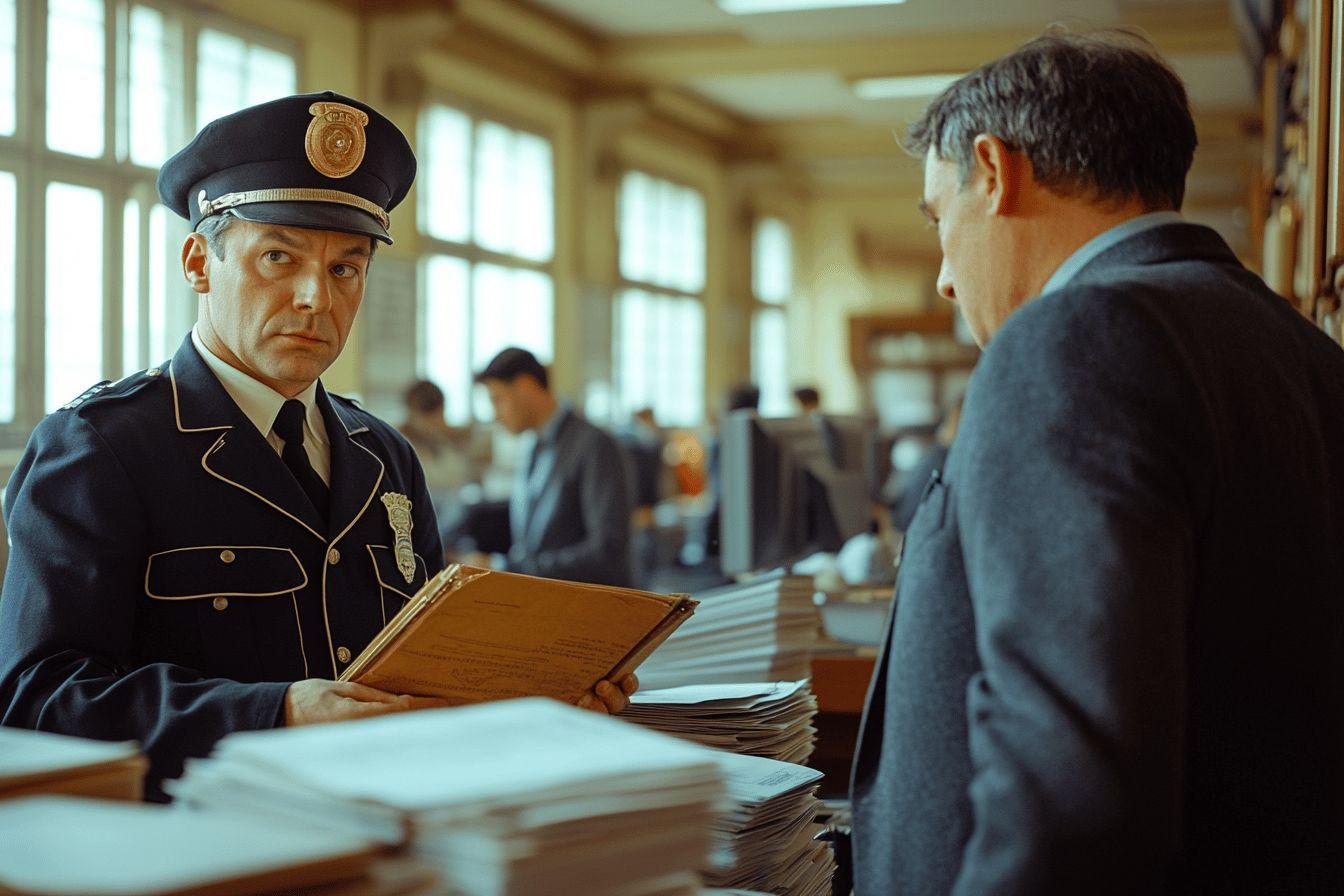 Policier en uniforme parlant à un homme dans un bureau