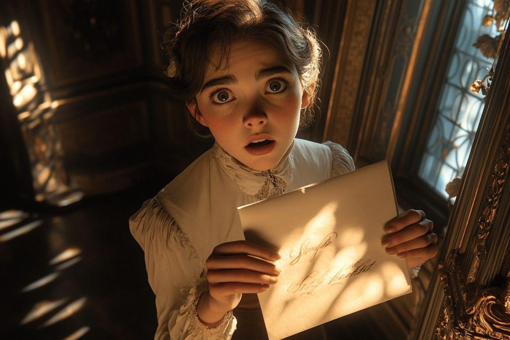 Jeune fille tenant un papier, regard étonné dans une pièce sombre
