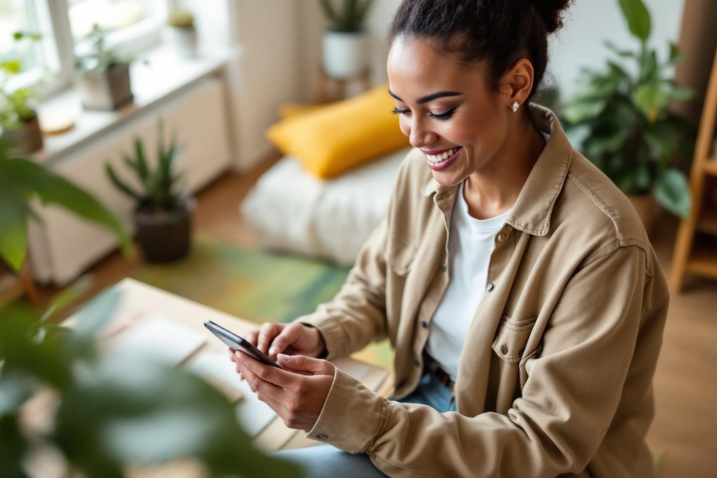 Jeune femme heureuse regardant son téléphone dans un intérieur végétal