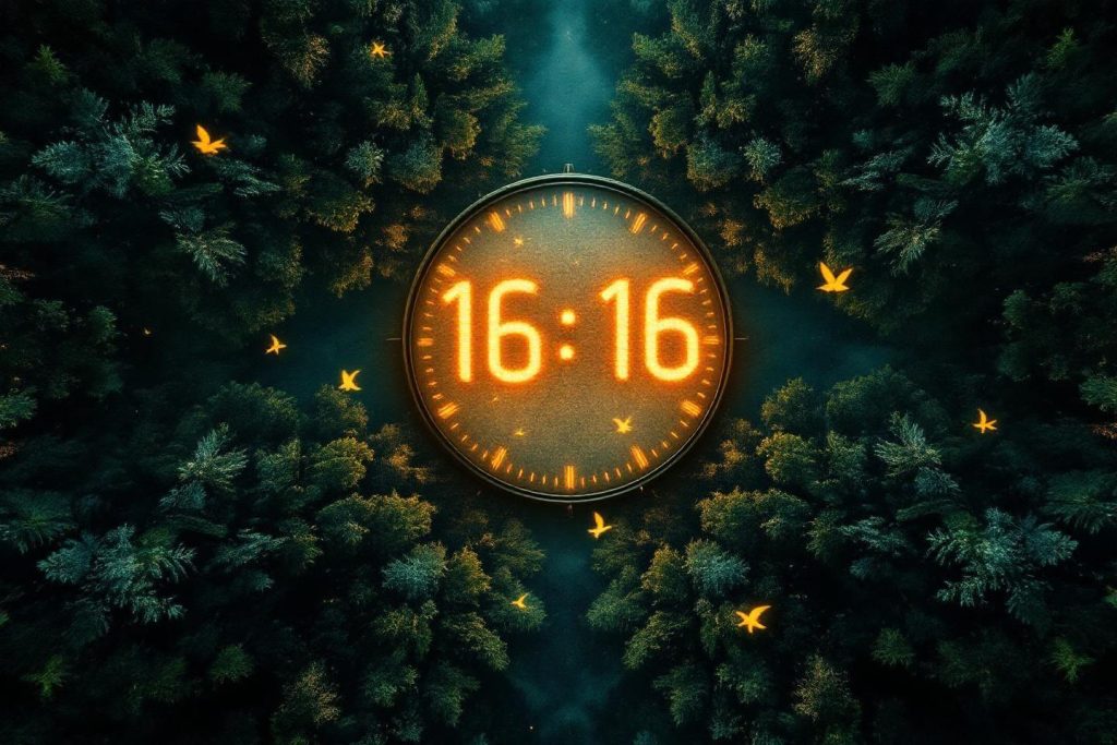 Horloge lumineuse entourée d'arbres et de papillons dorés