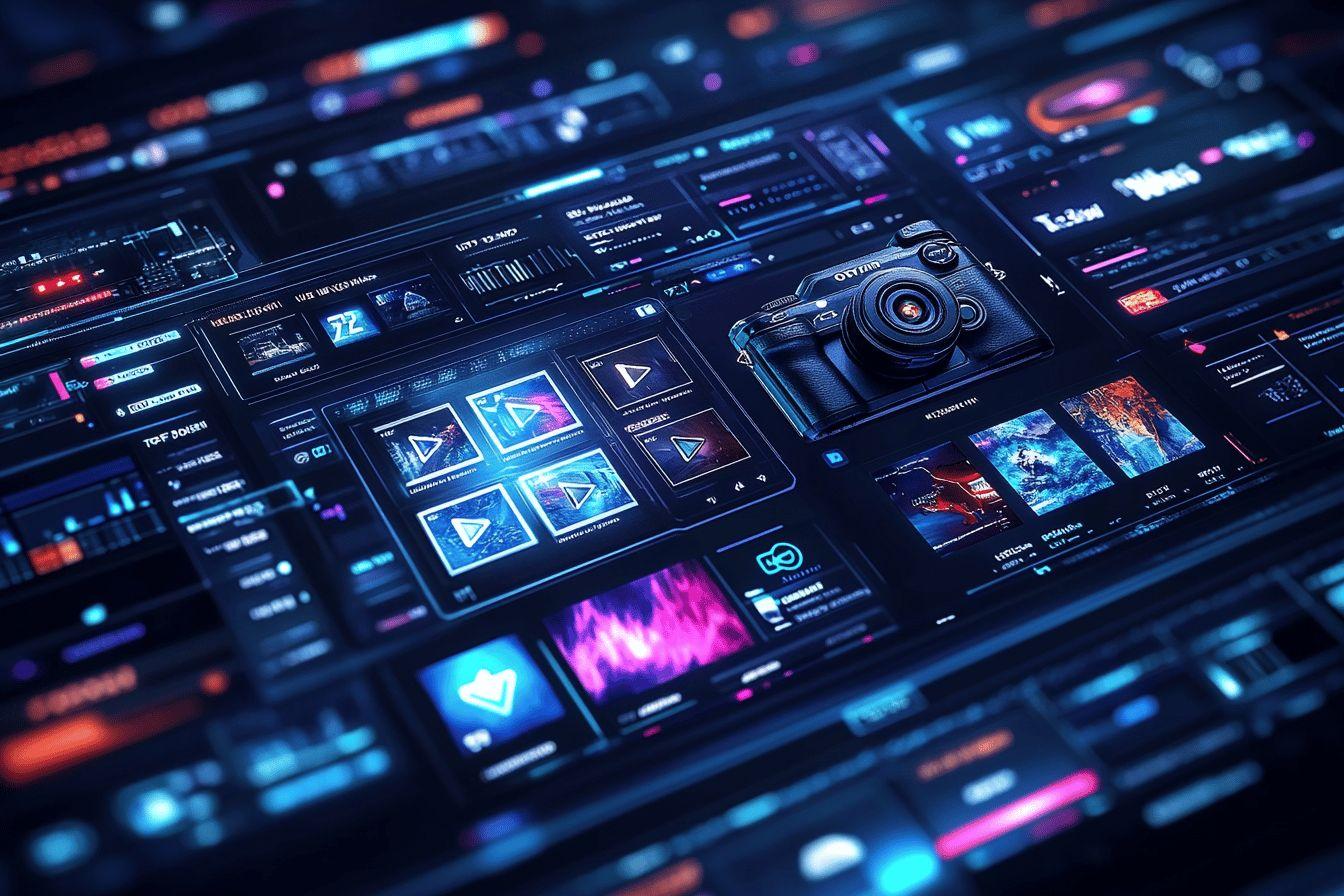 Écran technologique bleu et noir avec caméra et données