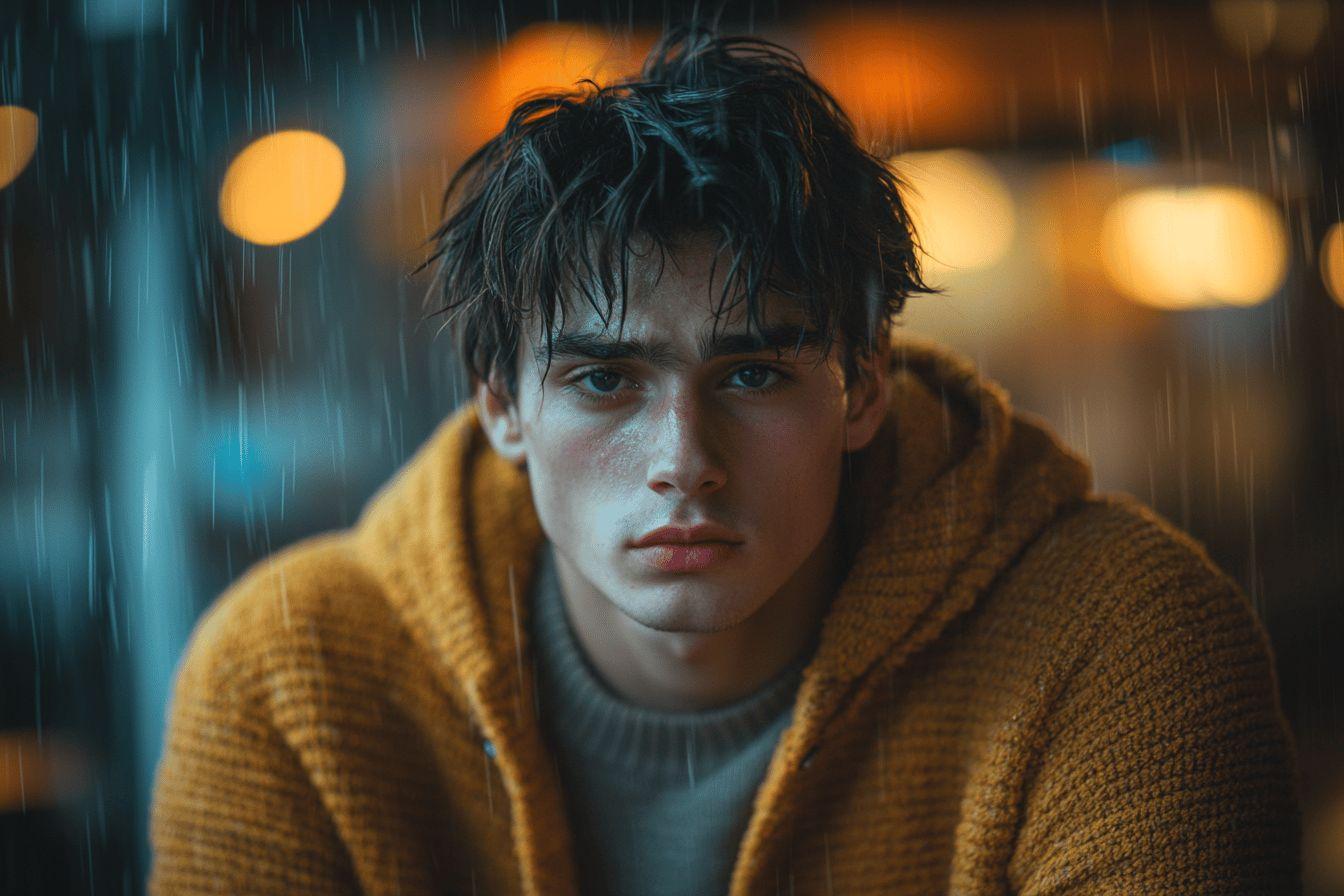 Portrait d'un jeune homme triste dans un manteau jaune