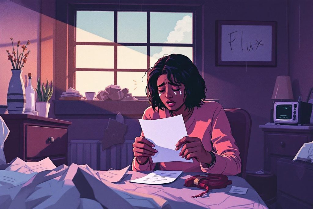 Femme triste lisant un document dans une chambre sombre
