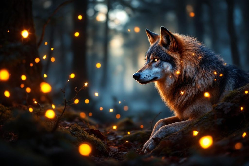 Loup majestueux entouré de lumières dorées dans une forêt brumeuse