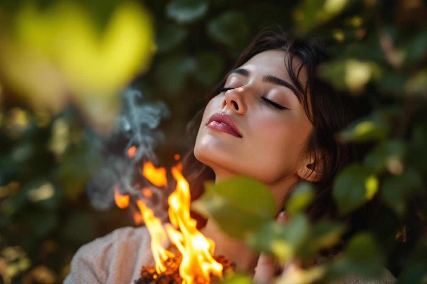 Femme aux yeux fermés méditant près d'une flamme
