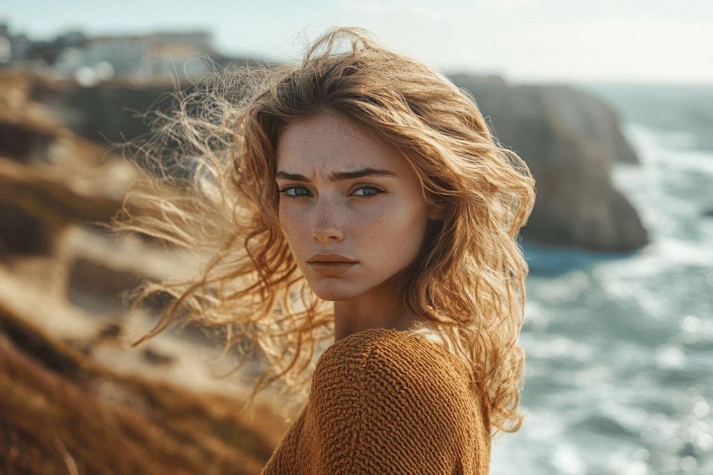 Jeune femme pensive, cheveux au vent, falaises en arrière-plan