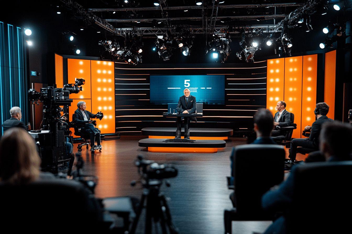 Présentateur et invités sur un plateau de télévision moderne