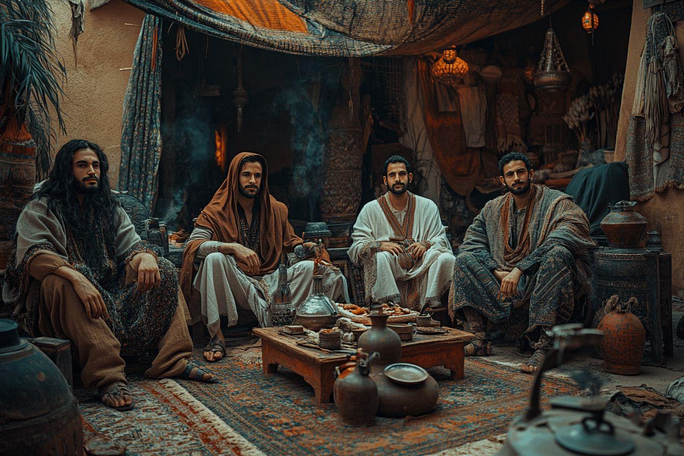 Quatre hommes assis autour d'une table dans un décor oriental