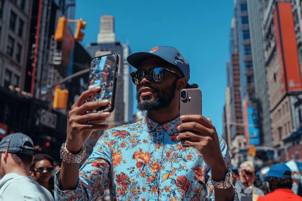 Homme à la mode tenant deux smartphones dans la ville