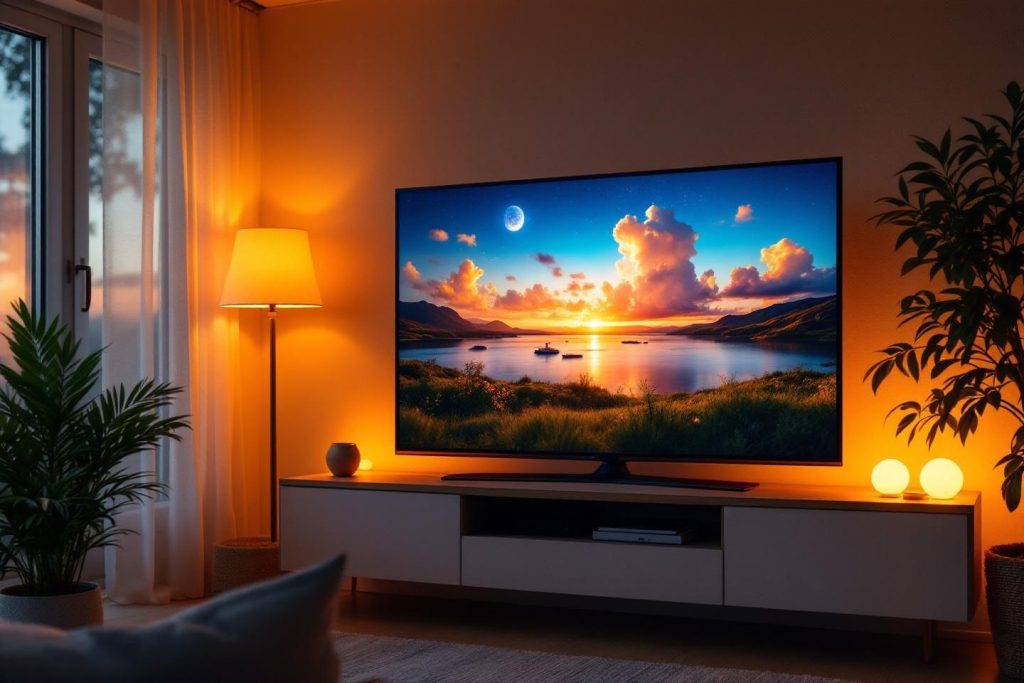 Écran TV affichant un paysage de lac au coucher de soleil