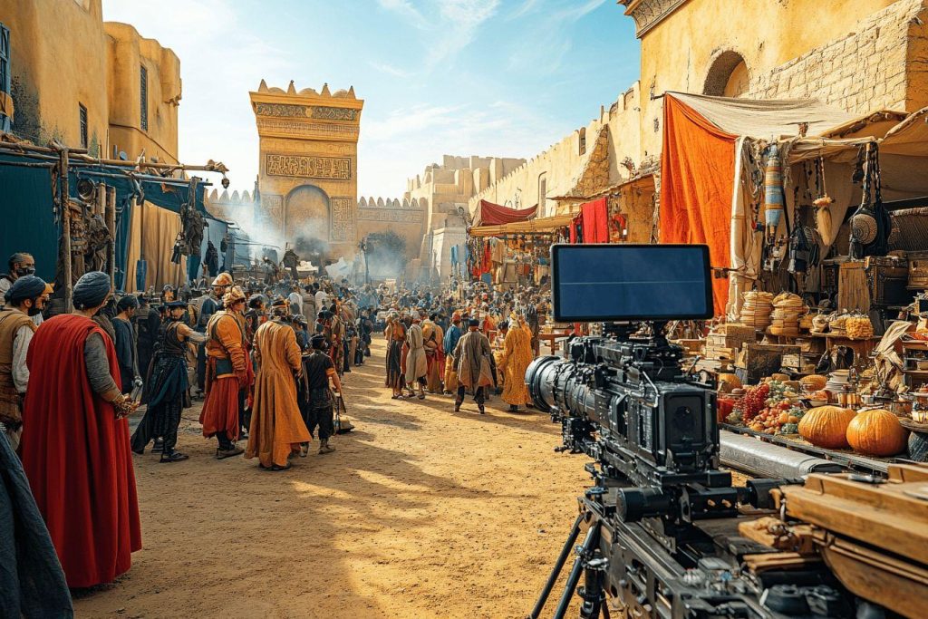 Caméra professionnelle filmant une scène de marché historique