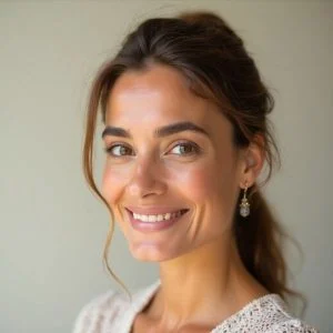 Une femme aux cheveux bruns attachés, portant un haut en tricot léger et des boucles d'oreilles en forme de gouttes, souriant et regardant l'appareil photo sur un fond uni.