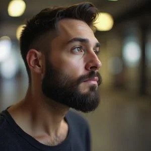 Un homme barbu aux cheveux bruns courts regarde pensivement au loin en intérieur, avec des lumières et un arrière-plan flous.