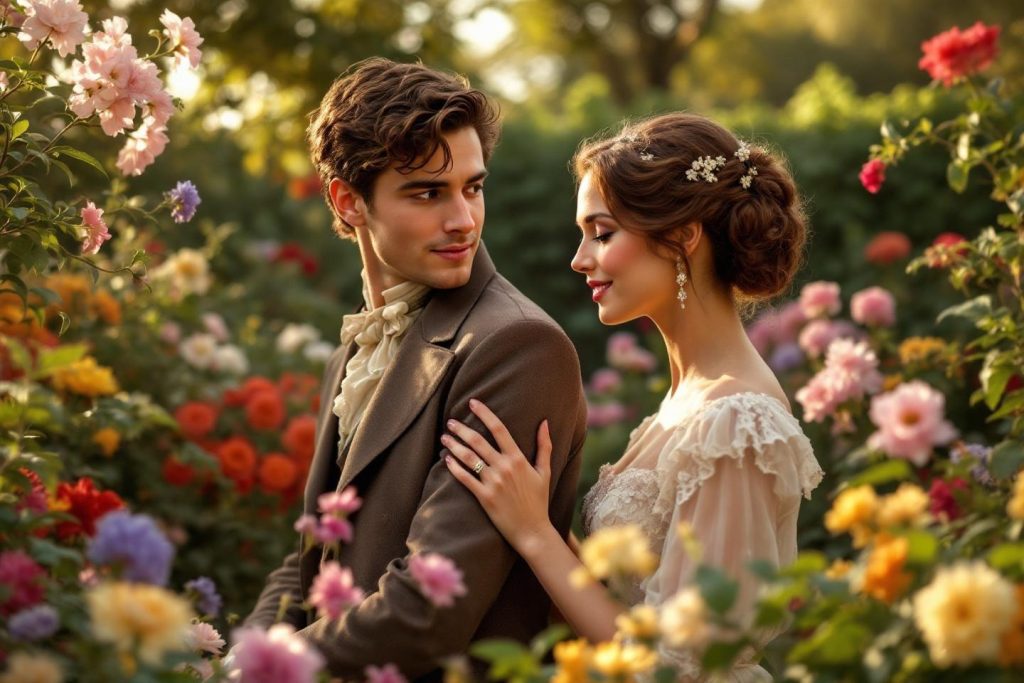 Couple élégant enlacé parmi des roses colorées en fleurs