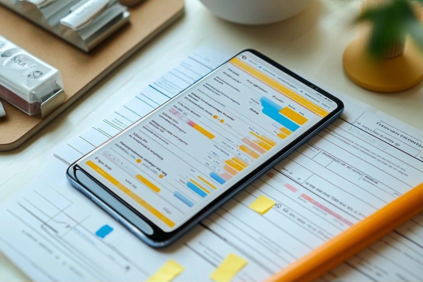 Écran de téléphone affichant des graphiques et tableaux financiers