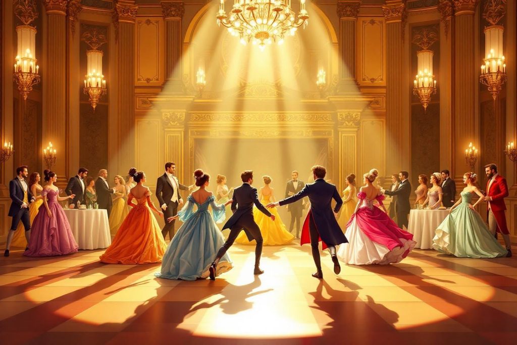 Danseurs en robes somptueuses tournoyant sous un lustre majestueux