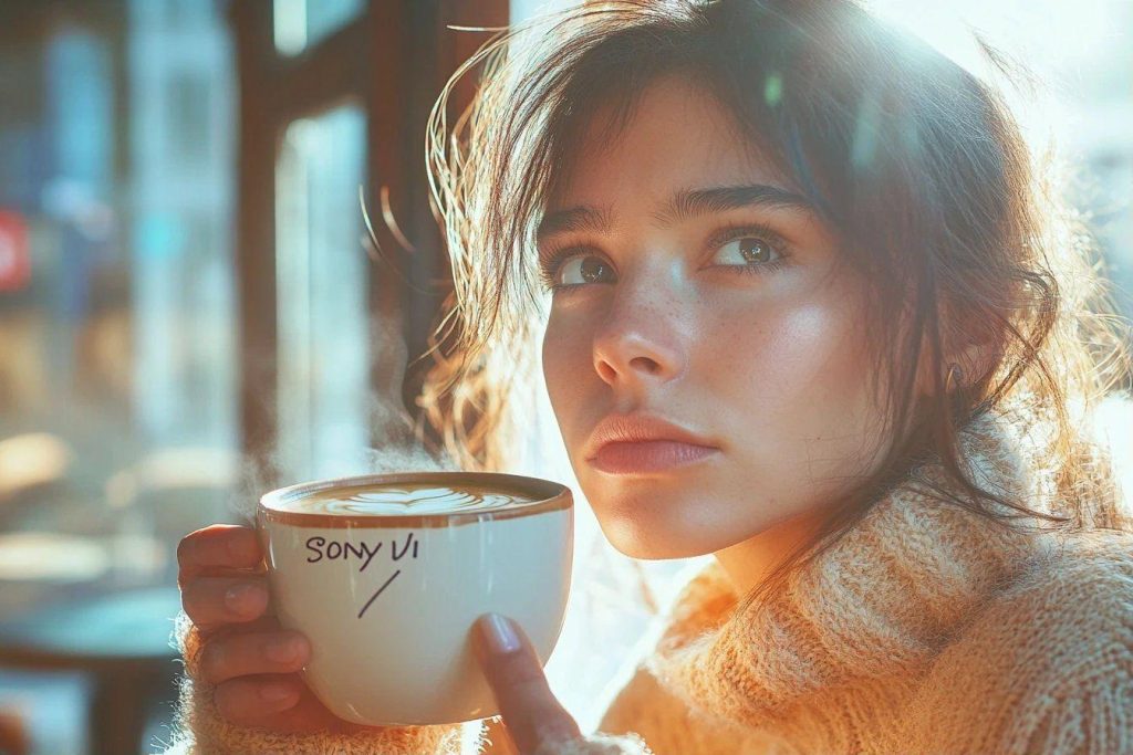Jeune femme pensive tenant une tasse de café au latte art