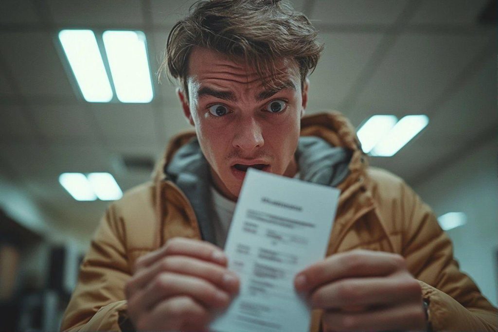 Homme regardant un papier avec une expression choquée