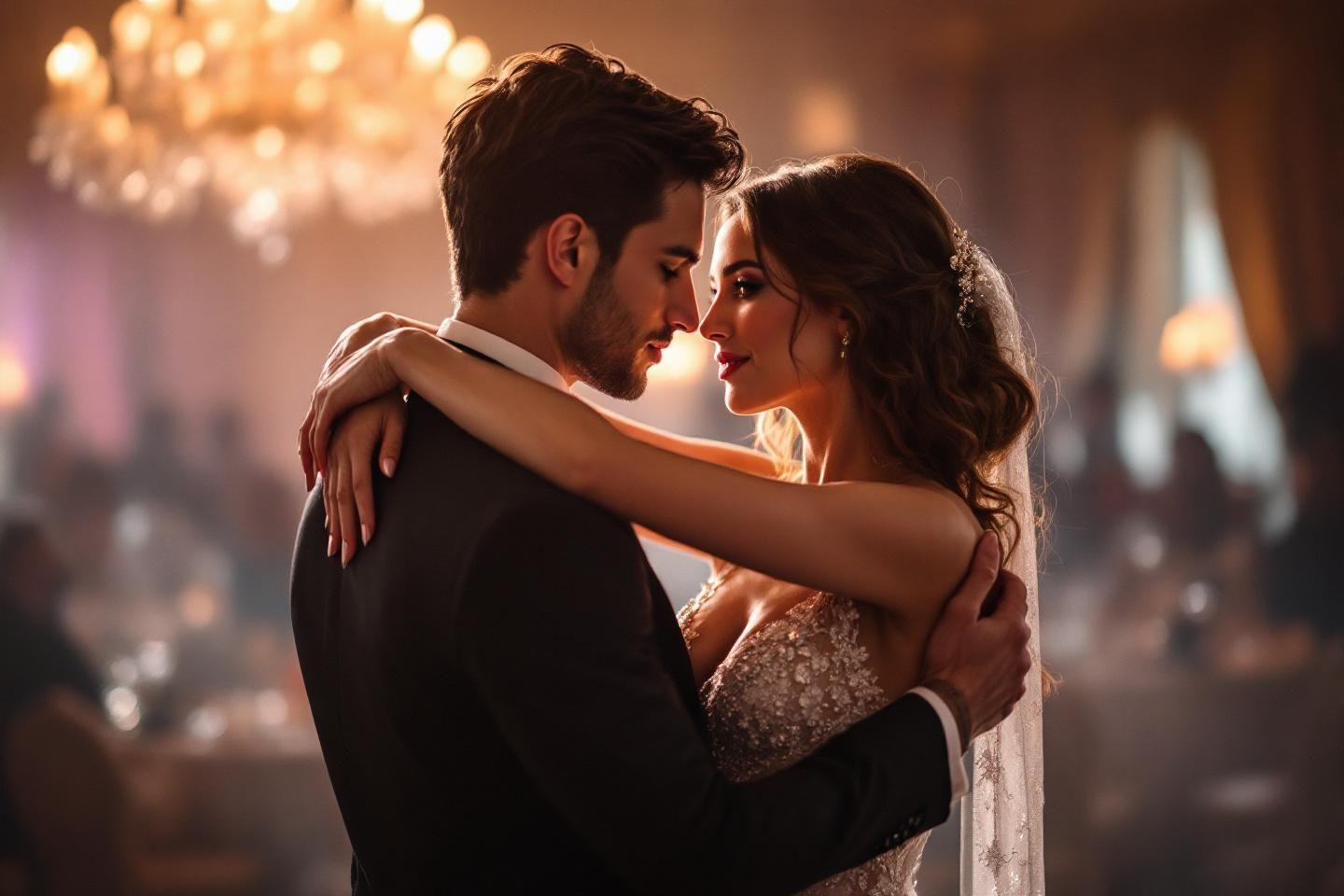 Couple de mariés enlacés, éclairage chaleureux de chandelier