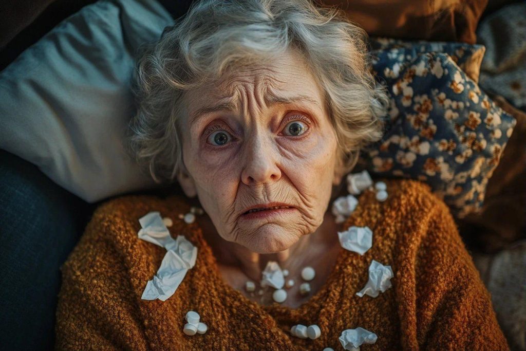 Femme âgée anxieuse avec des médicaments sur son pull