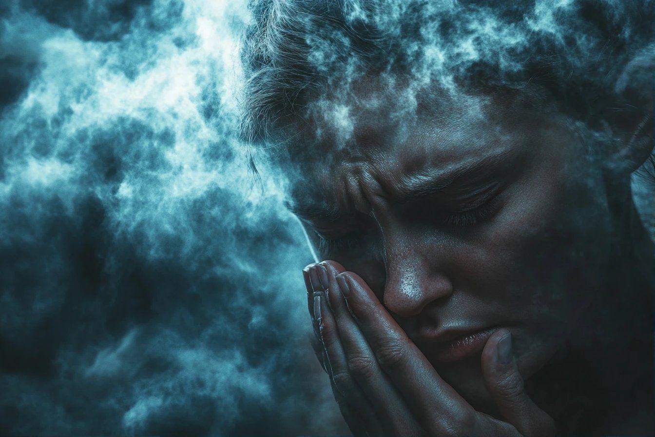 Visage en détresse dans une atmosphère brumeuse bleu-vert