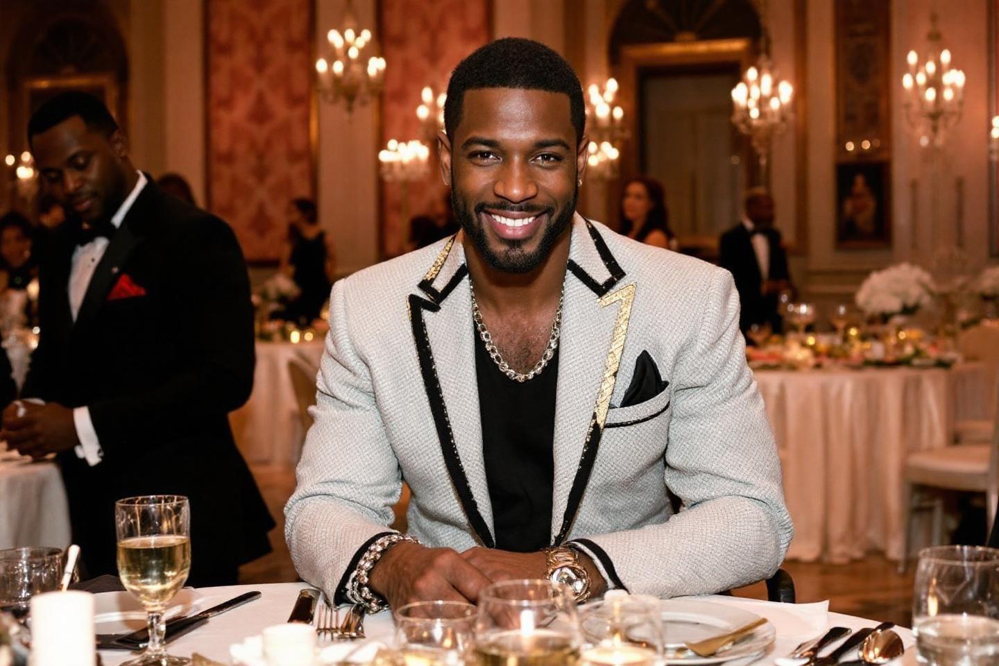 Homme souriant en costume blanc et noir à une table de dîner