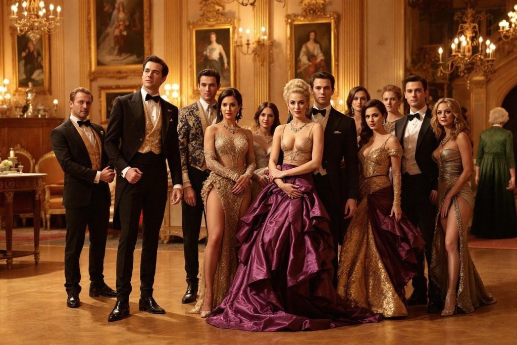 Groupe glamour en tenues de gala dans un palais doré