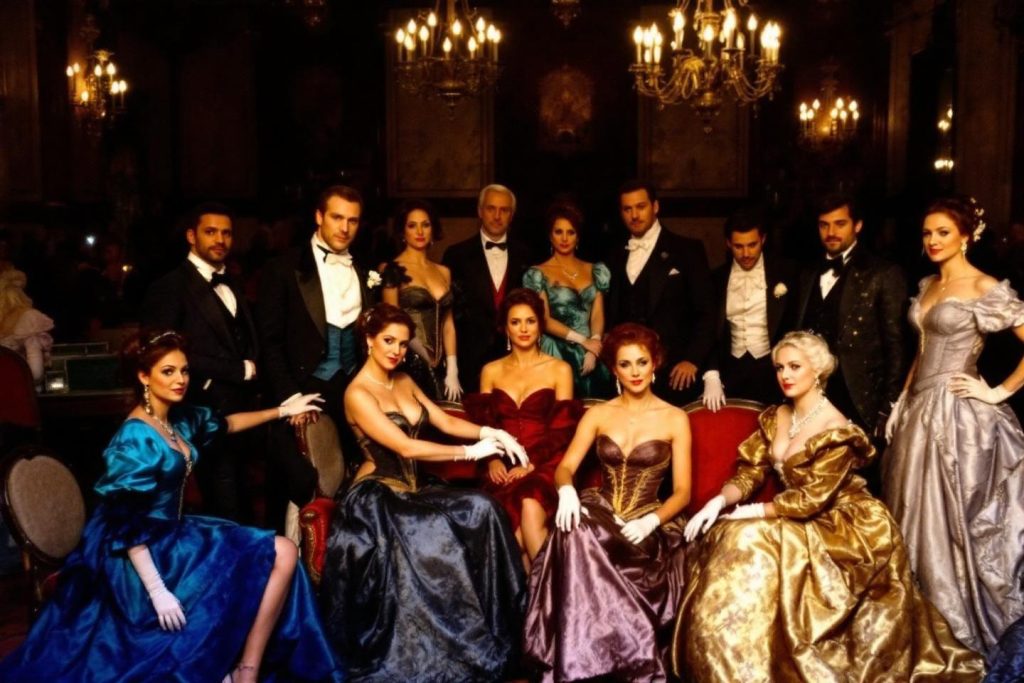 Groupe en tenues de soirée dans un décor baroque