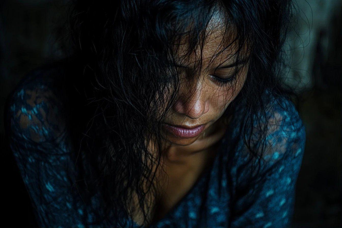 Visage baissé, cheveux épars, émotion de tristesse intense