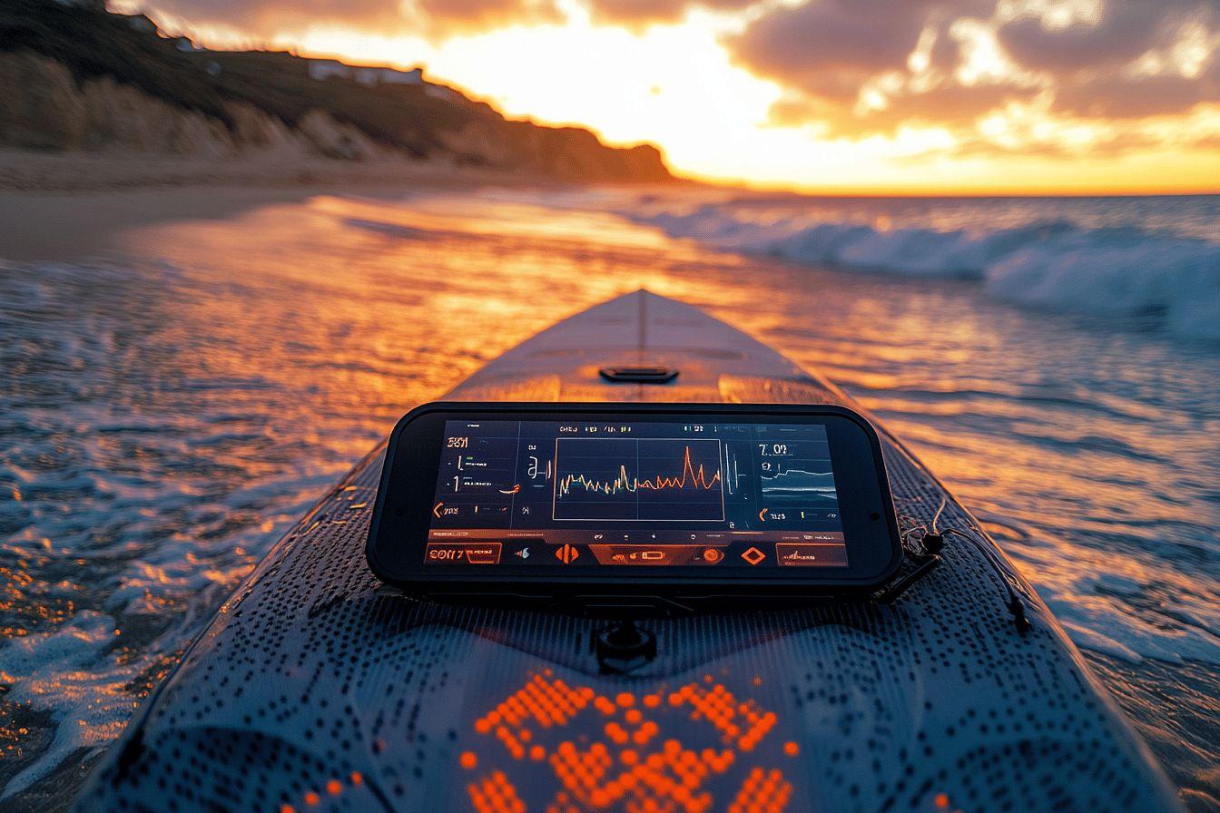 Tableau de bord numérique sur une planche de surf au crépuscule