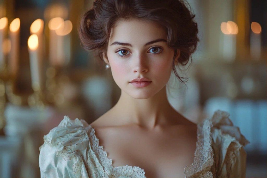 Jeune femme en robe vintage, regard intense, lumière douce