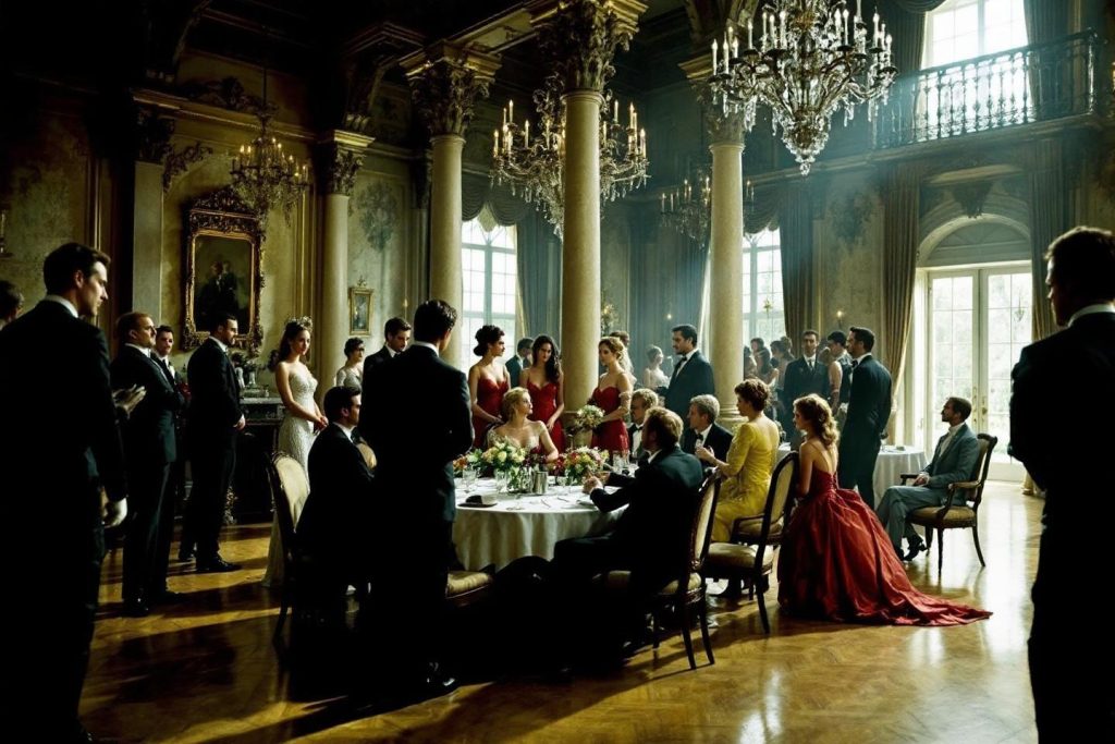 Invités en tenue de soirée dans un grand salon luxueux