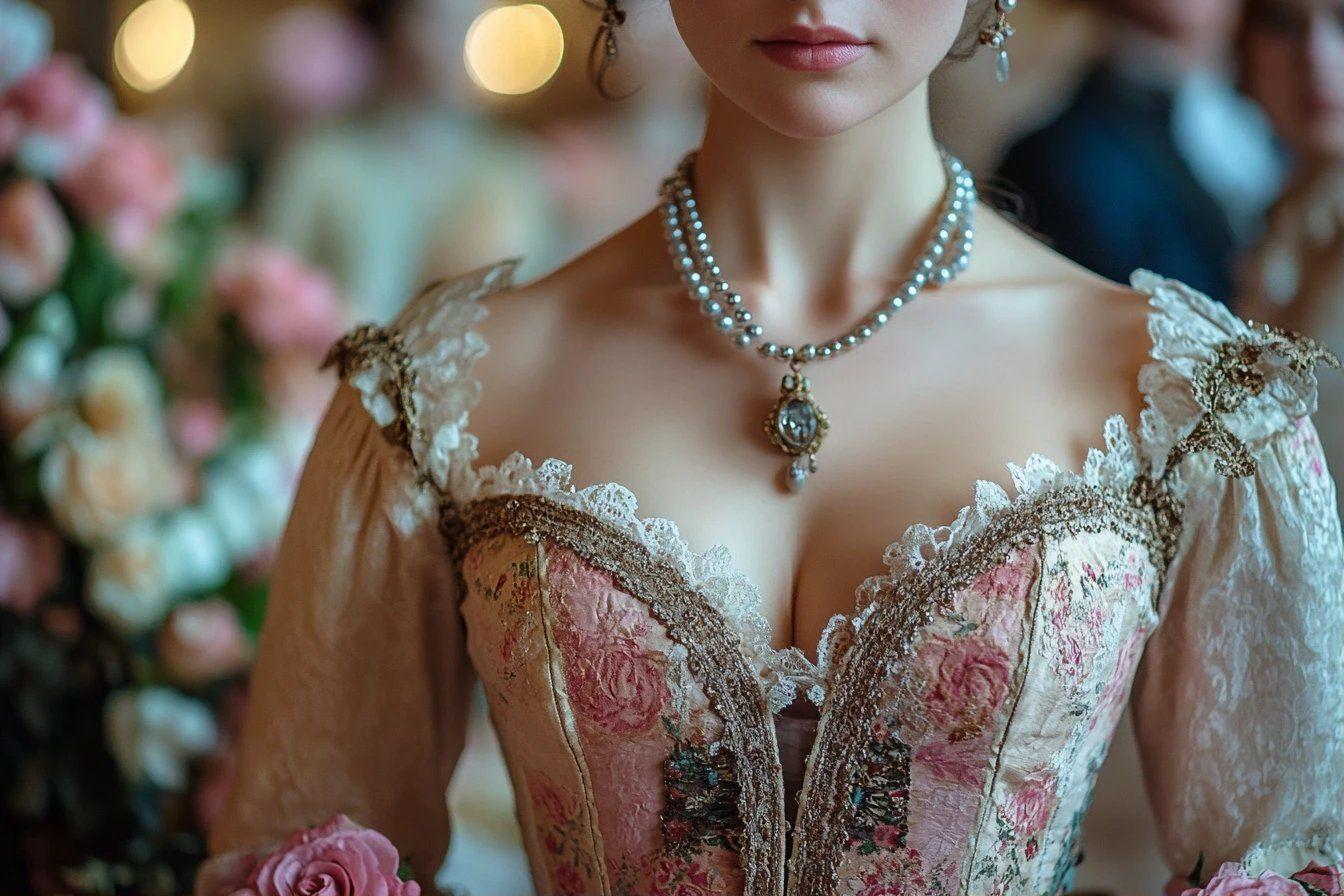 Détail d'une robe de mariée ancienne avec collier de perles