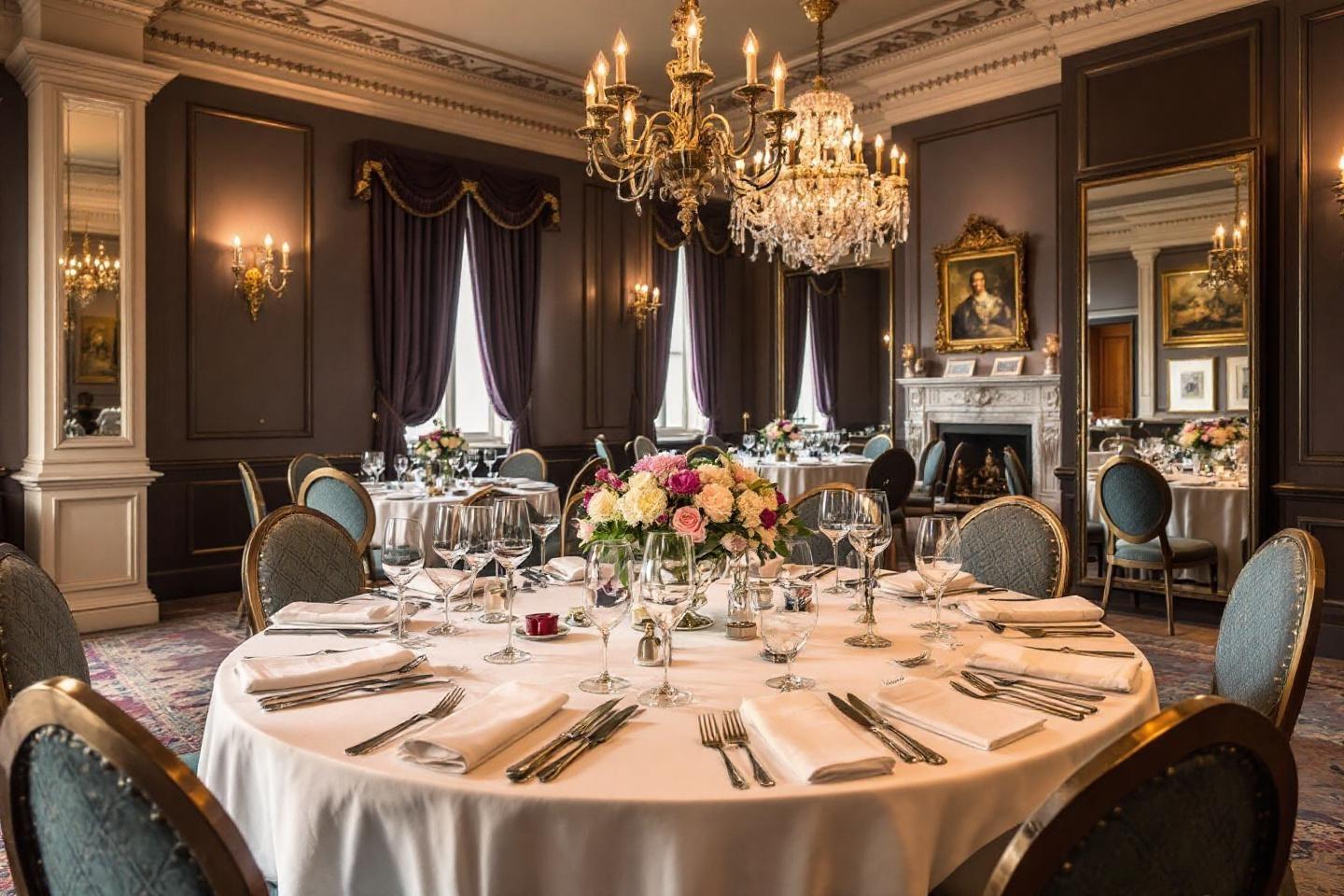 Table dressée avec vaisselle et fleurs dans une salle à manger de château