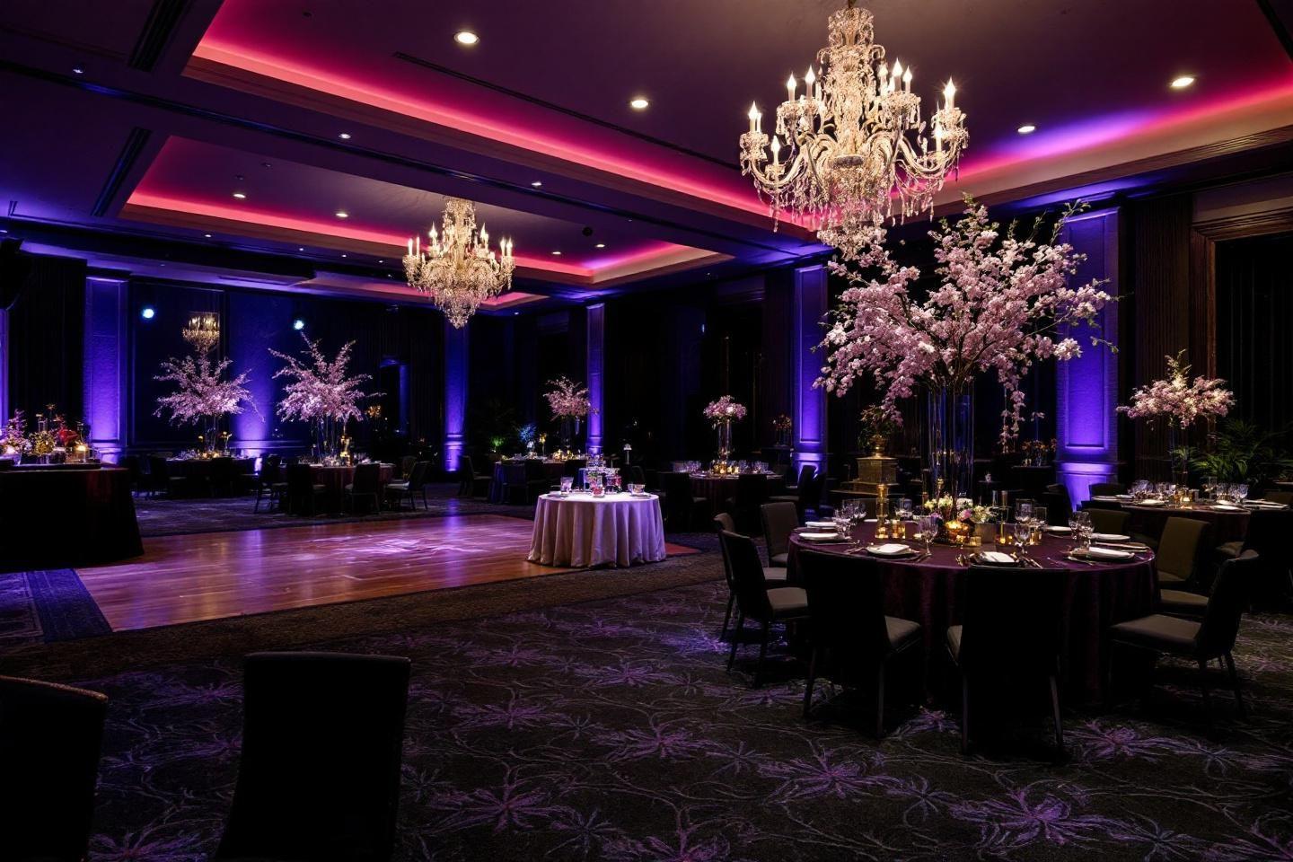 Espace événementiel avec lustres, fleurs de cerisier et éclairage mauve