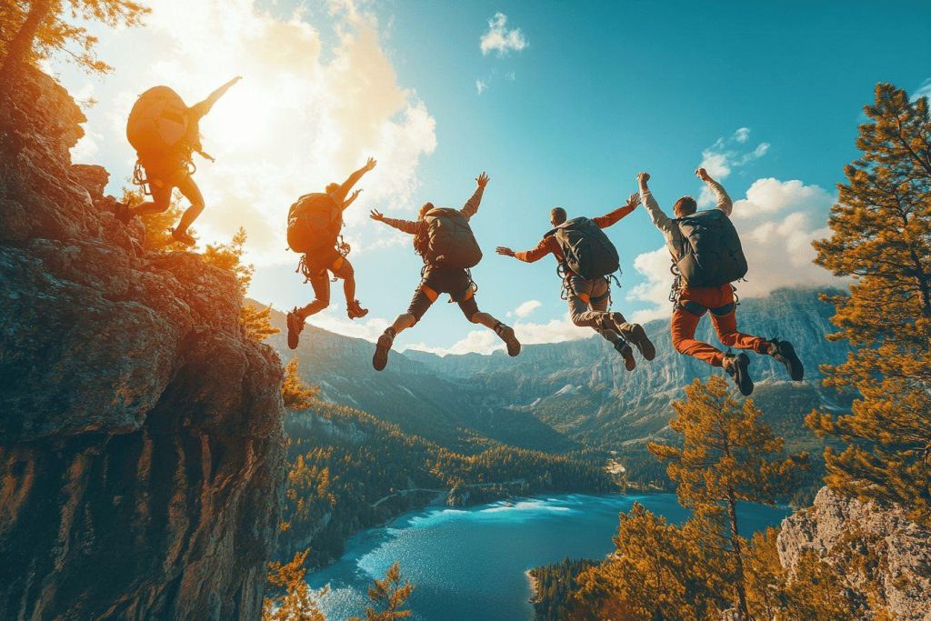 Groupe de randonneurs sautant au-dessus d'un lac et de montagnes
