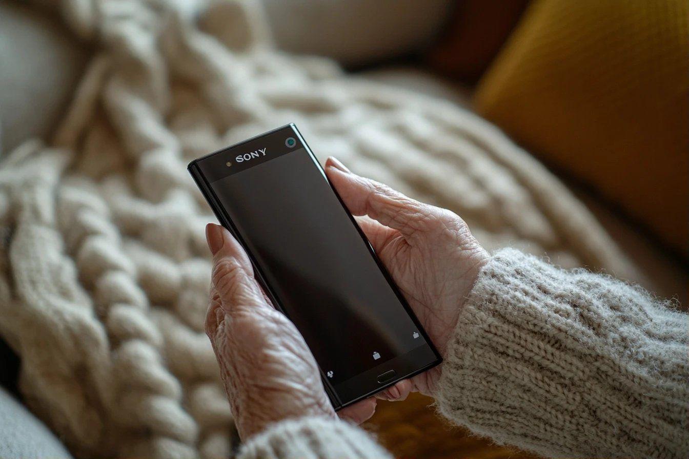 Main ridée tenant un téléphone Sony noir sur un plaid