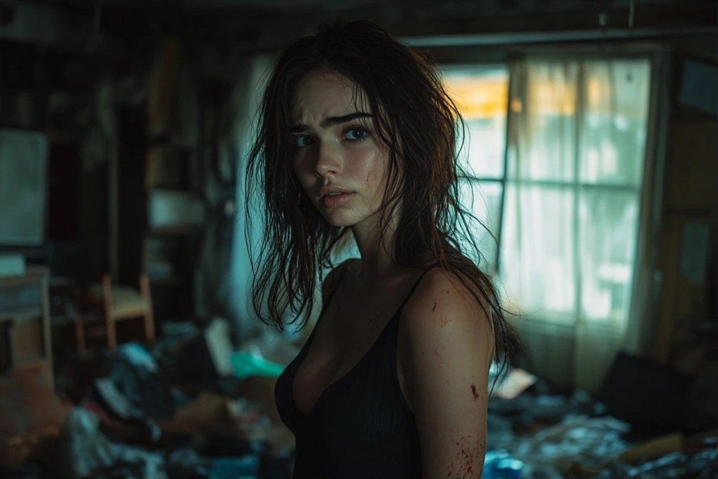 Femme blessée dans une pièce délabrée, regard intense