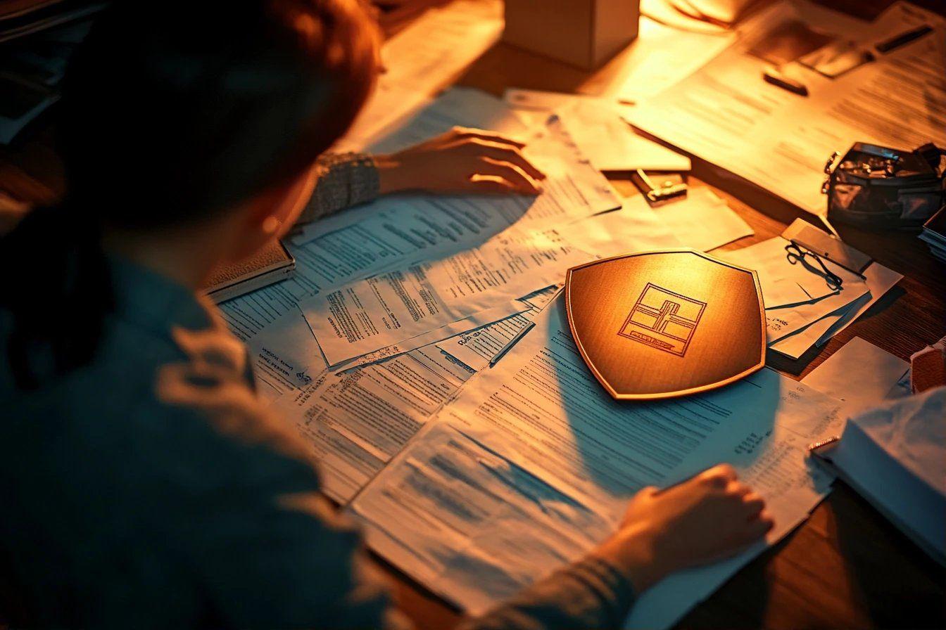 Bureau avec papiers et insigne doré, éclairage ambré