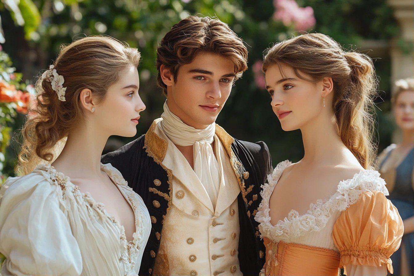 Trois jeunes élégants en costume historique dans un jardin