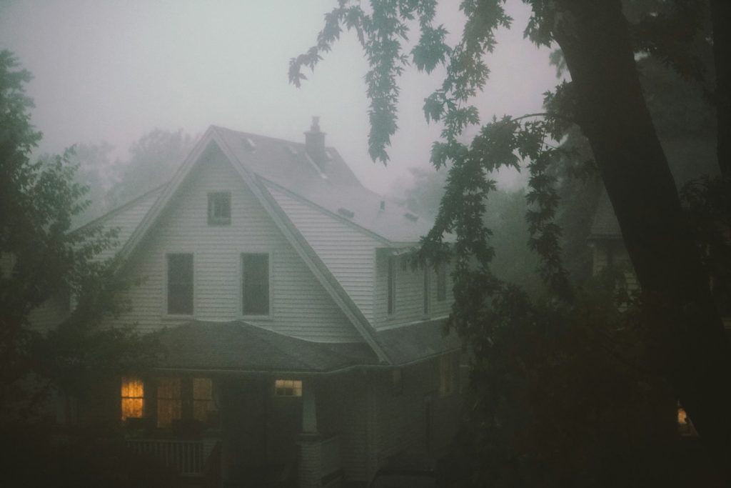 House in the fog surrounded by overhanging trees.