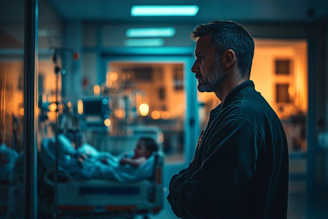 Homme regardant un patient allongé dans un service hospitalier