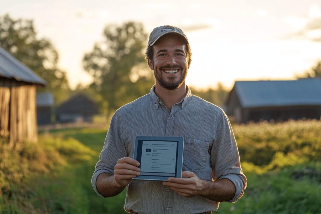 Homme agriculteur tient tablette dans un champ verdoyant