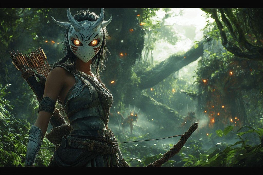 Guerrière masquée avec arc dans une forêt mystérieuse