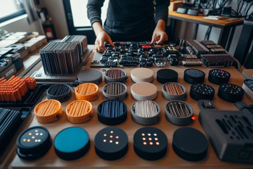 Table couverte de composants électroniques circulaires multicolores