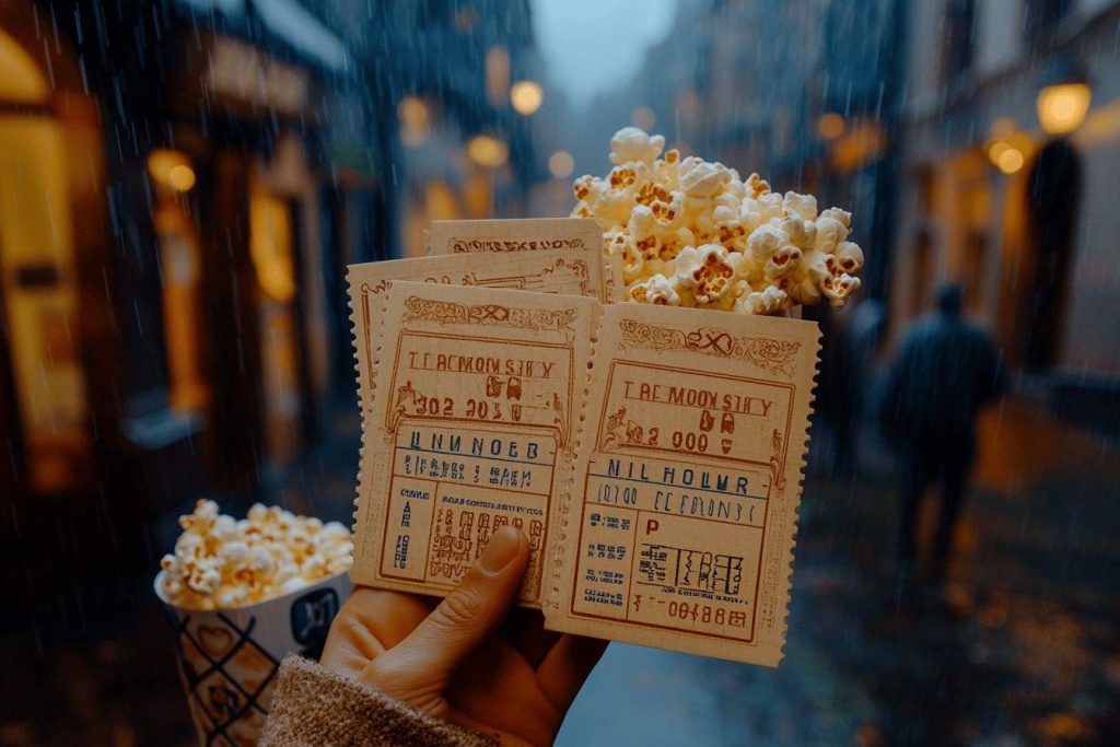 Main tenant des tickets et pop-corn sous la pluie nocturne