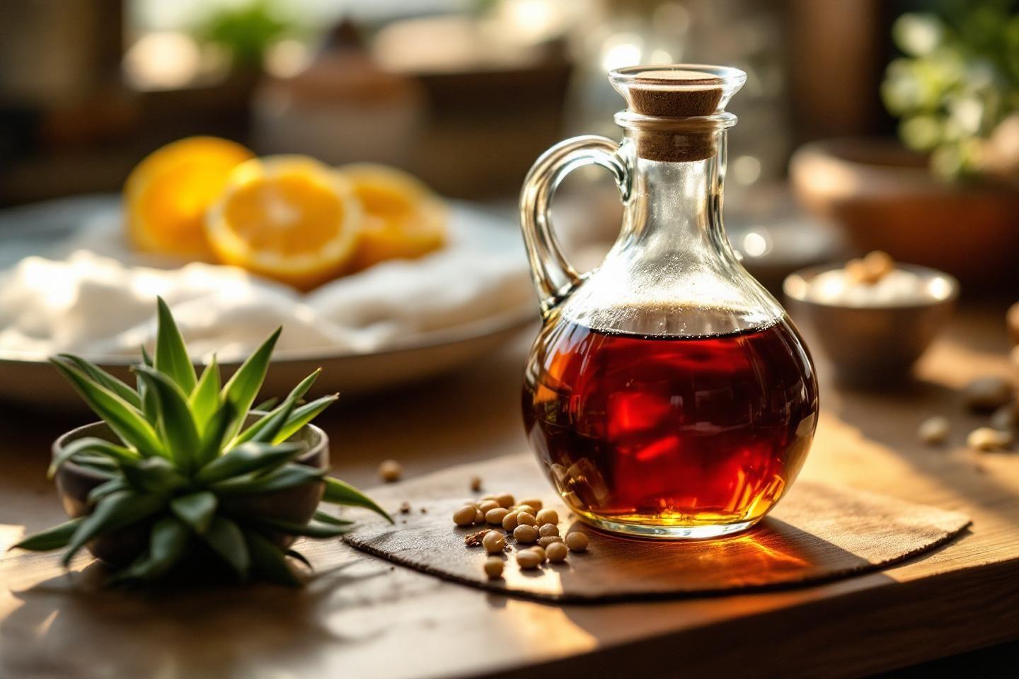 Bouteille en verre remplie de liquide ambré, entourée de citrons