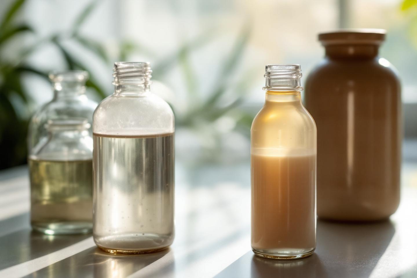 Quatre bouteilles en verre transparentes avec liquides ambrés